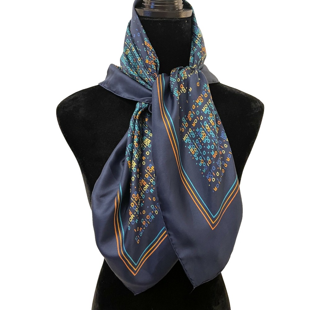 Vintage Christian Dior Womens Square Scarf Navy Blue‎ Retro Monogram Print Silk